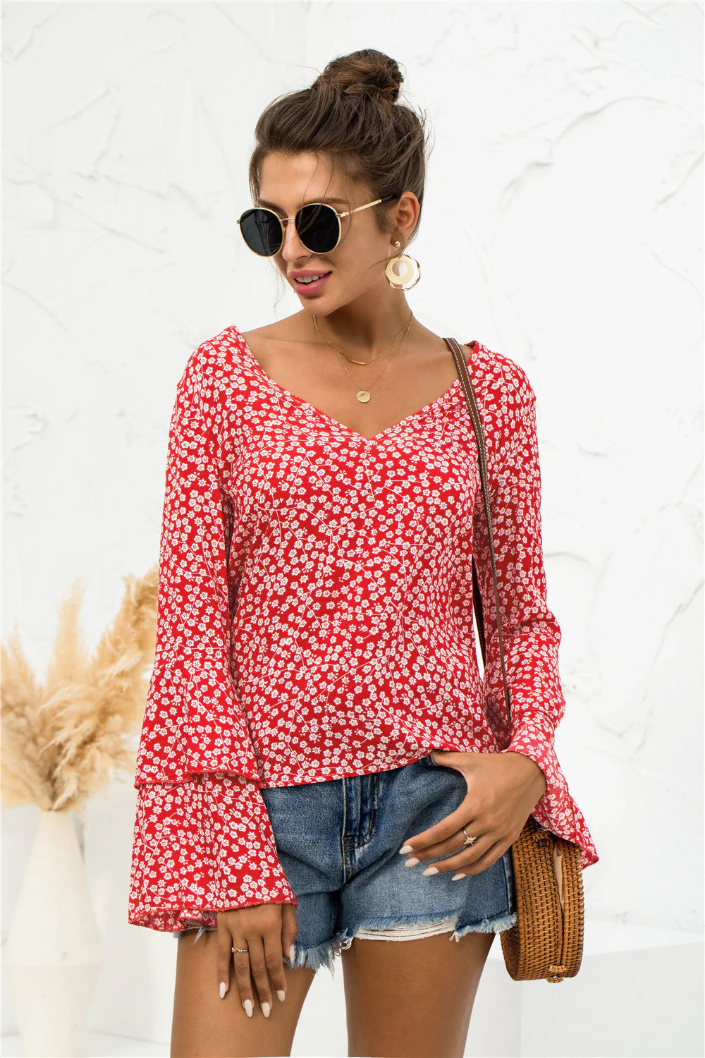 Soft Daisy V-Neck Bell Sleeve Blouse - Image 9