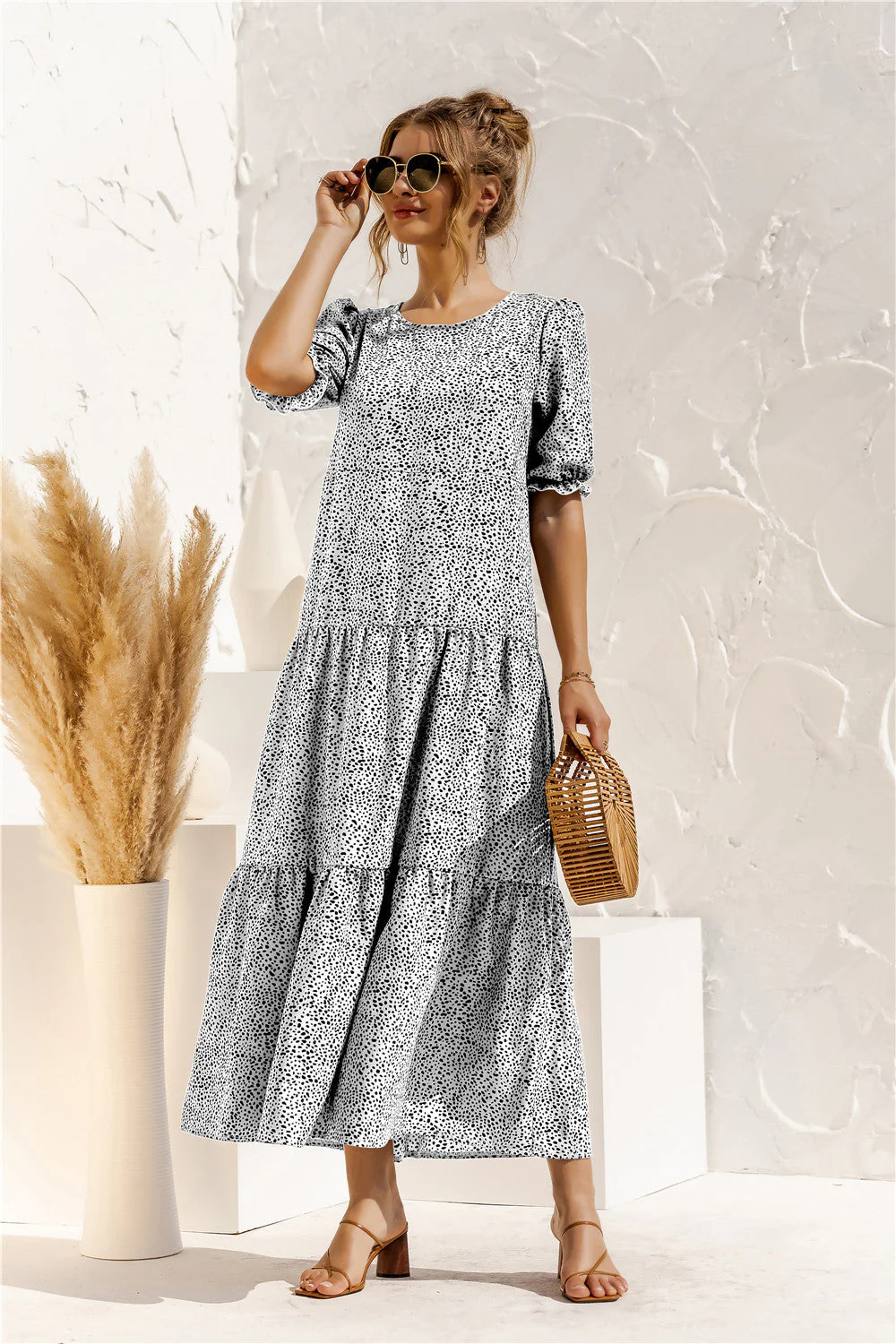 Soft Dot Print Short Sleeve Maxi Dress - Image 32