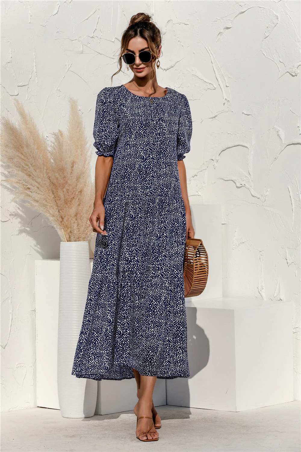 Soft Dot Print Short Sleeve Maxi Dress - Image 40