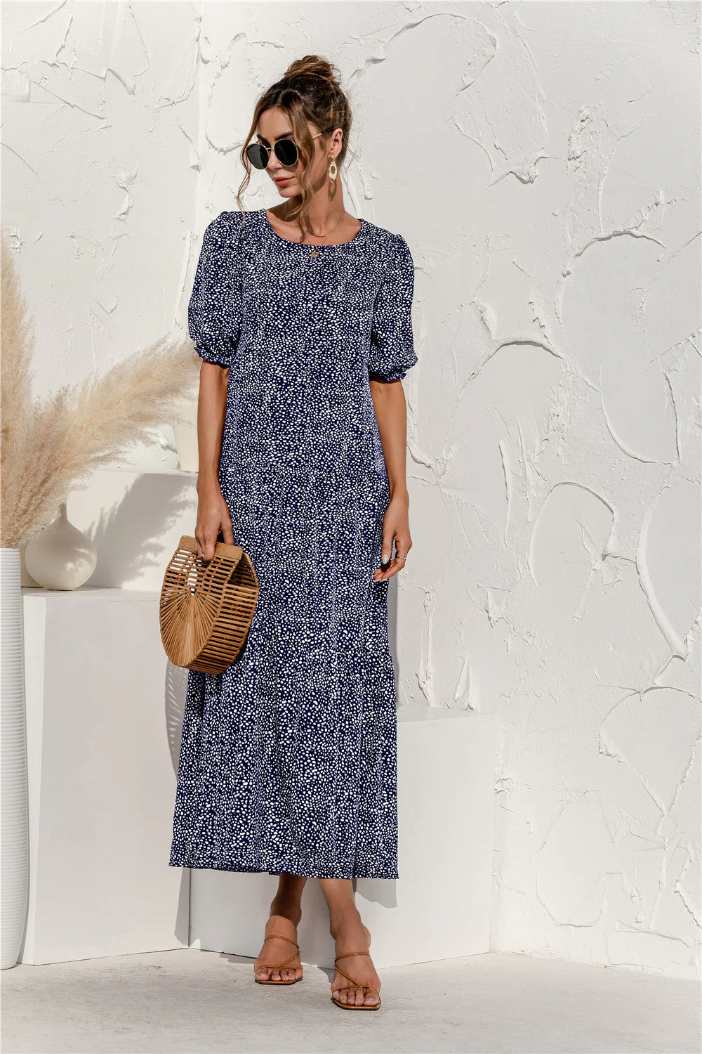 Soft Dot Print Short Sleeve Maxi Dress - Image 42