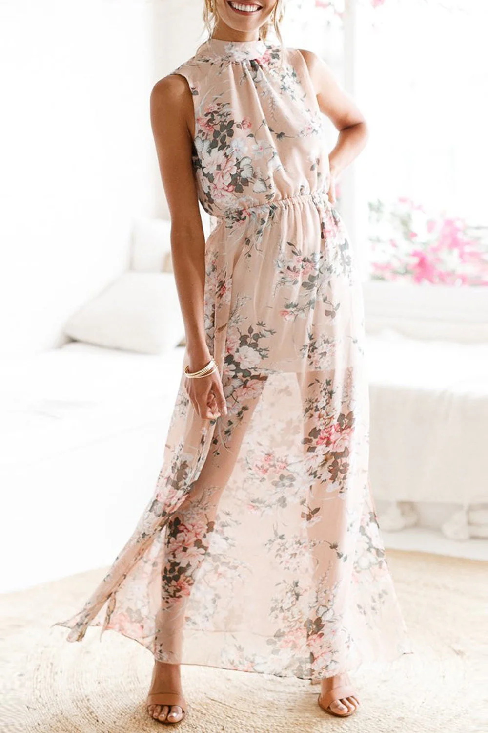 Soft Floral Pink Halter Dress - Image 3
