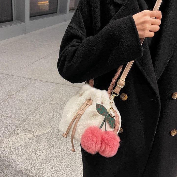 Soft Fluffy Bucket Shape Handbag with Cherry Keychain - Image 5