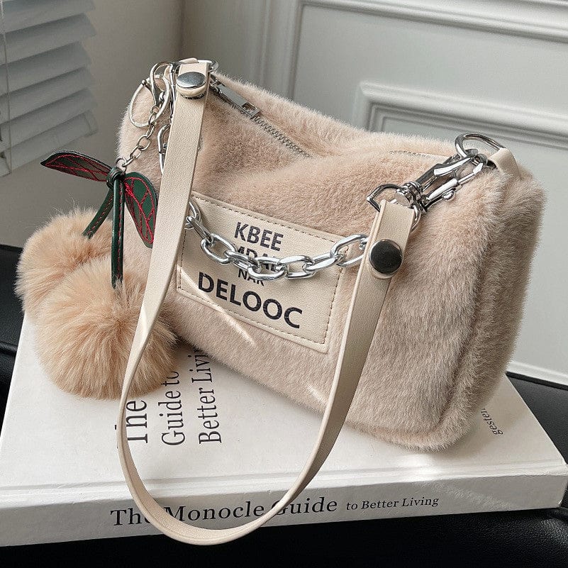 Soft Fluffy Cherry Shoulder Bag with Silver Chain - Image 10