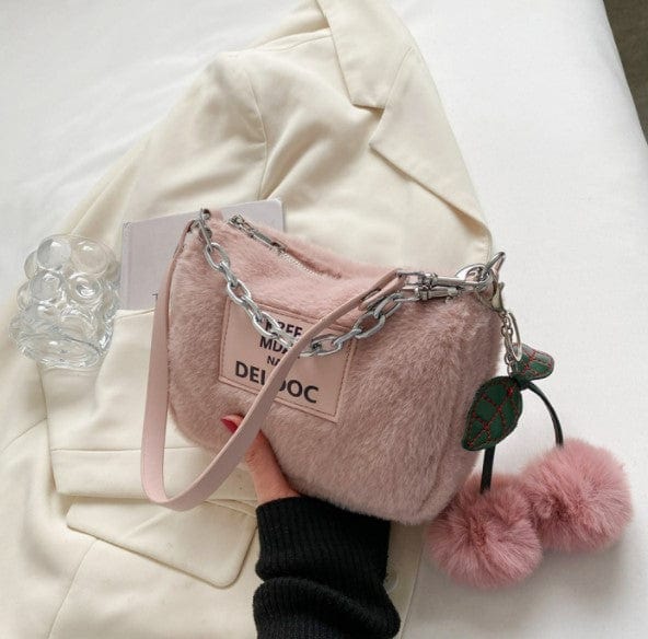 Soft Fluffy Cherry Shoulder Bag with Silver Chain - Image 2