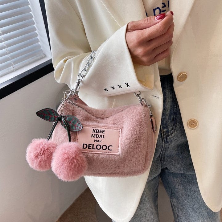 Soft Fluffy Cherry Shoulder Bag with Silver Chain - Image 3