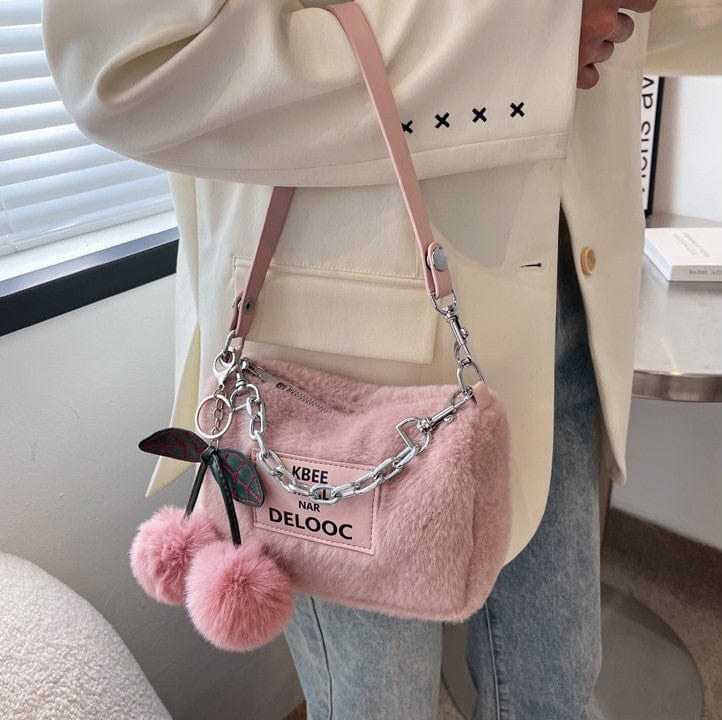 Soft Fluffy Cherry Shoulder Bag with Silver Chain - Image 4