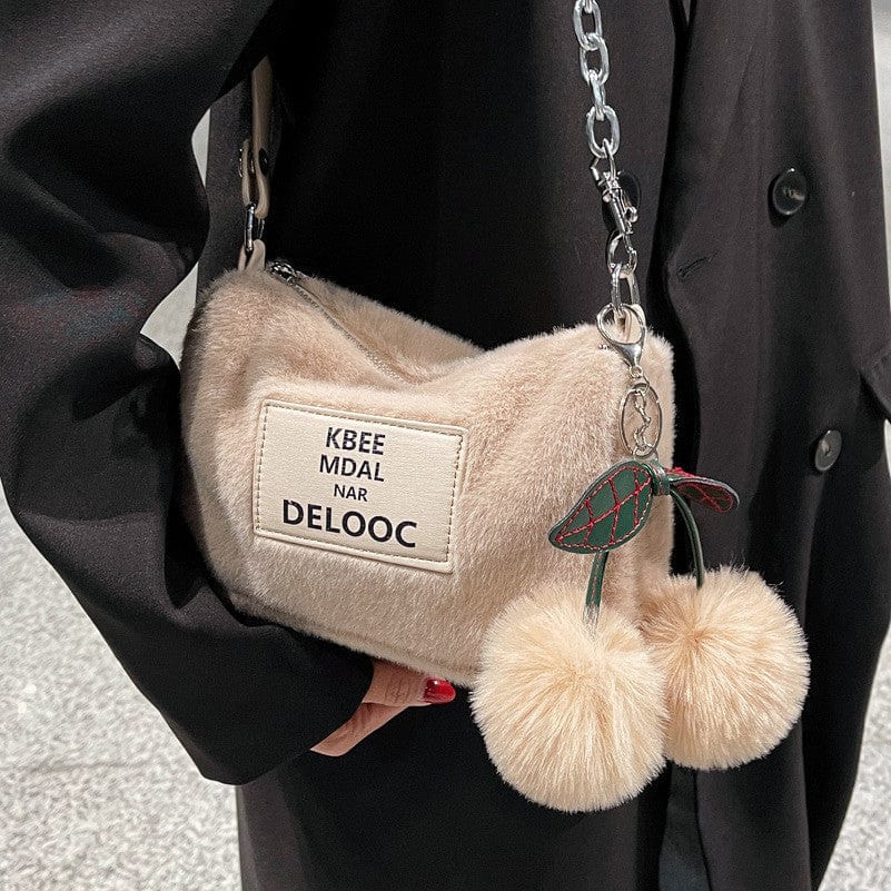 Soft Fluffy Cherry Shoulder Bag with Silver Chain - Image 5
