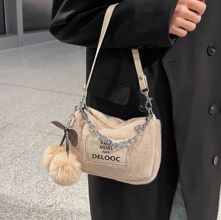 Soft Fluffy Cherry Shoulder Bag with Silver Chain - Image 6