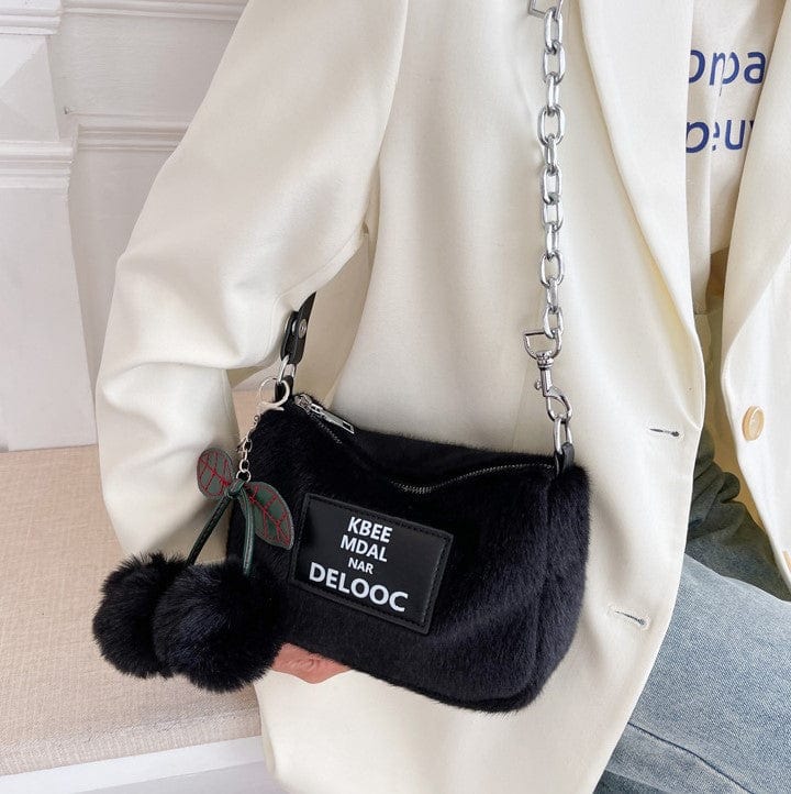 Soft Fluffy Cherry Shoulder Bag with Silver Chain - Image 7