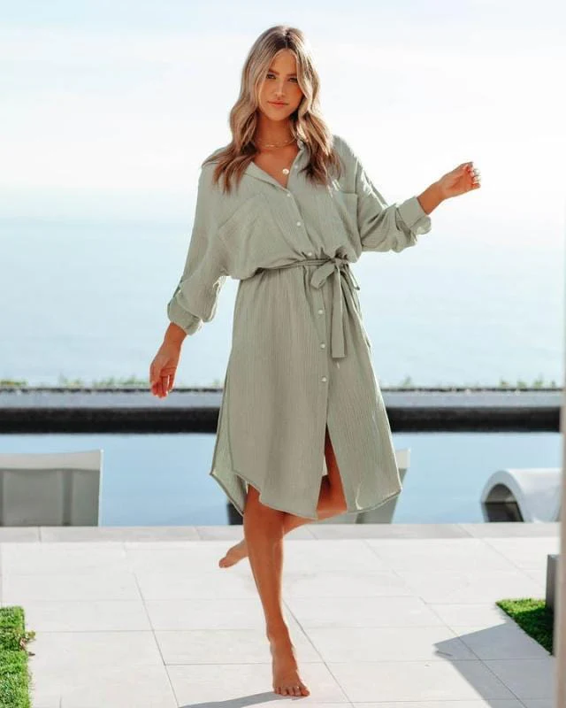 Soft Textured Button Up Tie Dress - Image 7