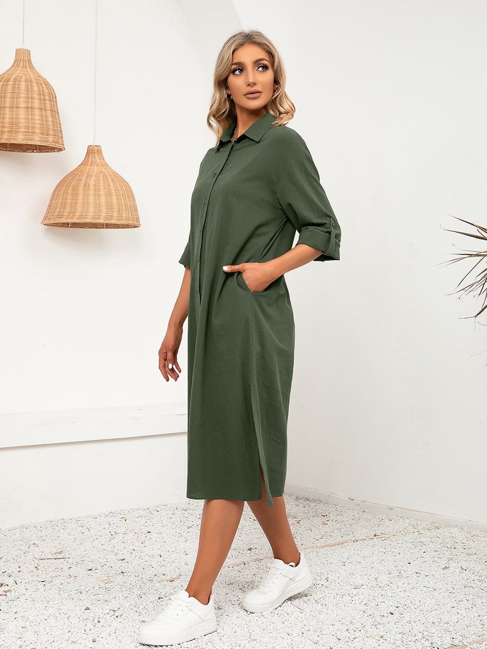 Solid Button Down Shirt Dress - Image 3