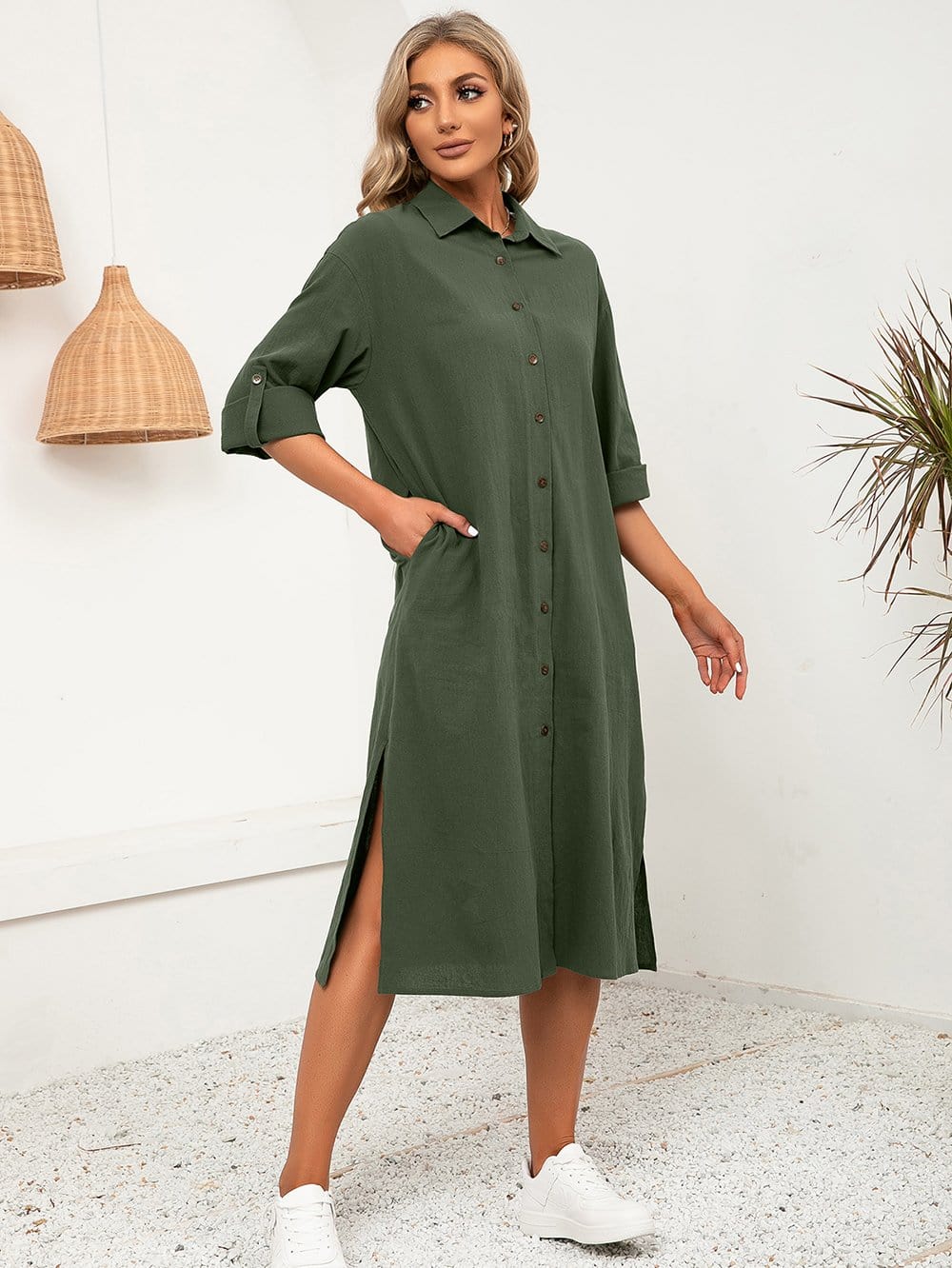 Solid Button Down Shirt Dress - Image 4