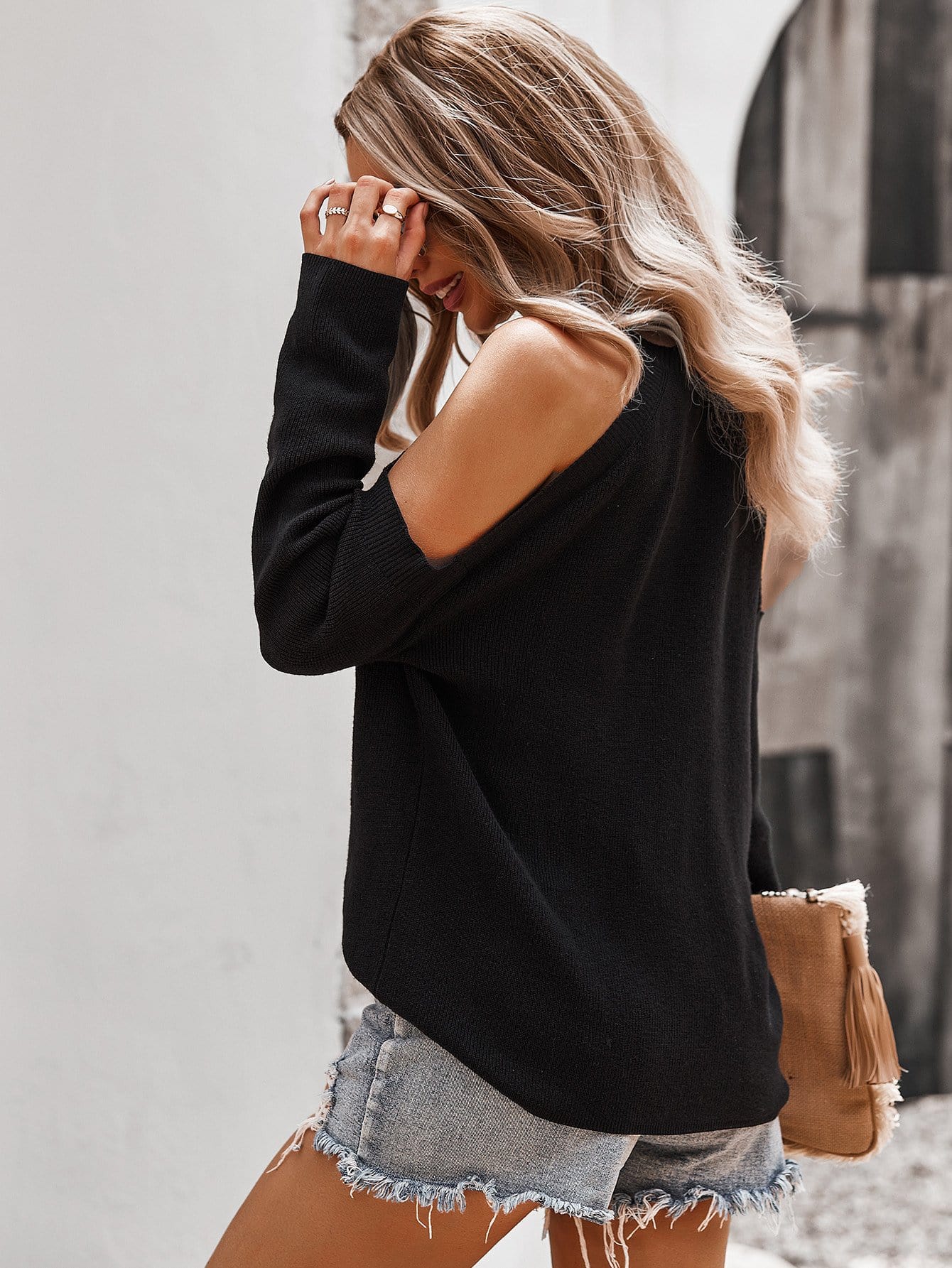 Solid Cold Shoulder Knit Sweater - Image 7