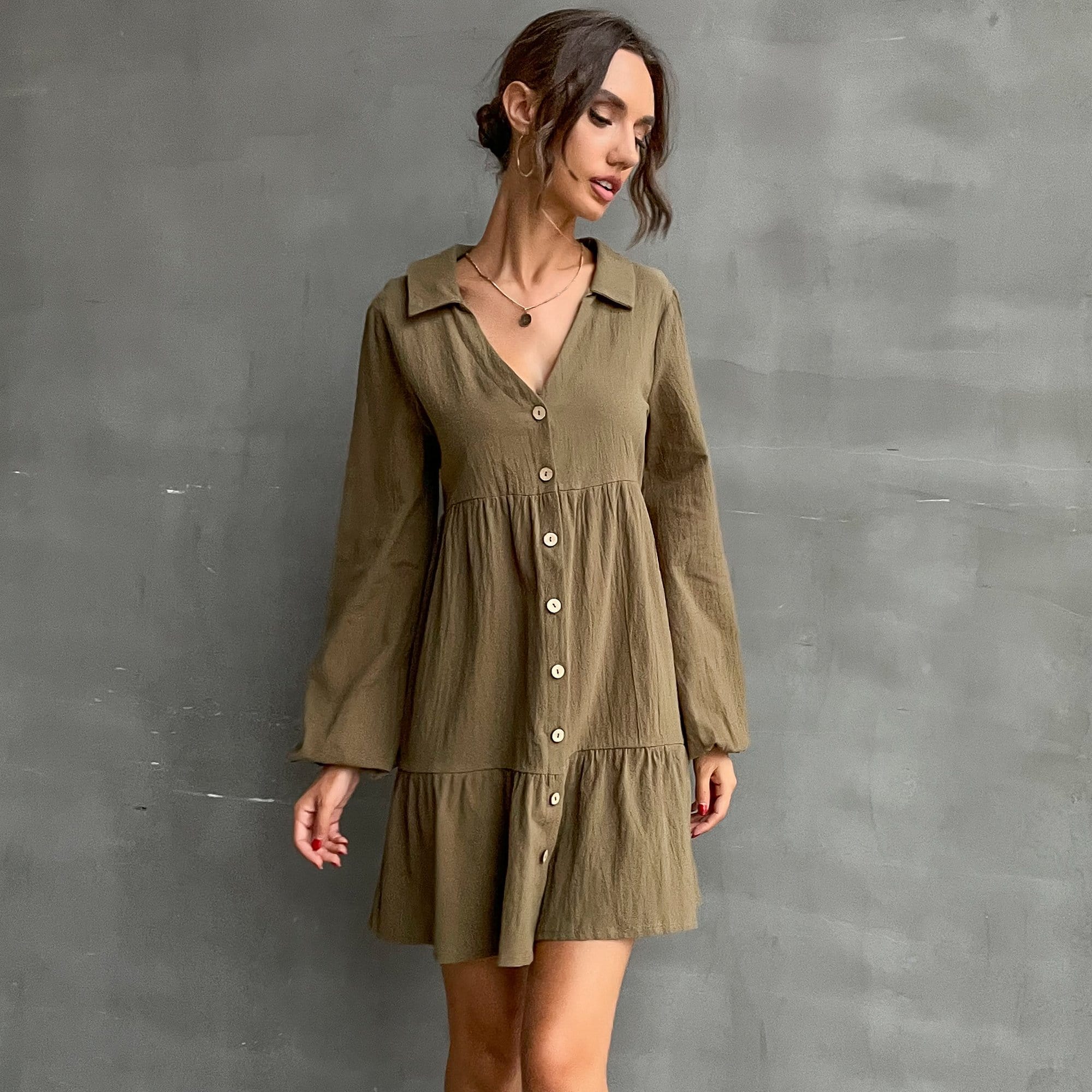 Solid Collared Tiered Dress - Image 3