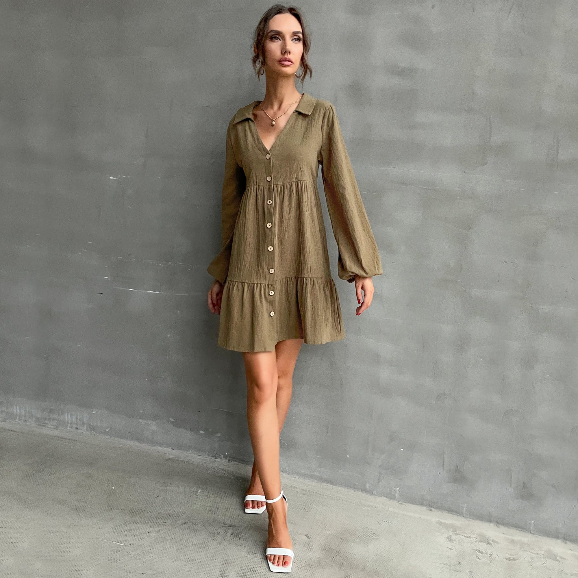 Solid Collared Tiered Dress - Image 4