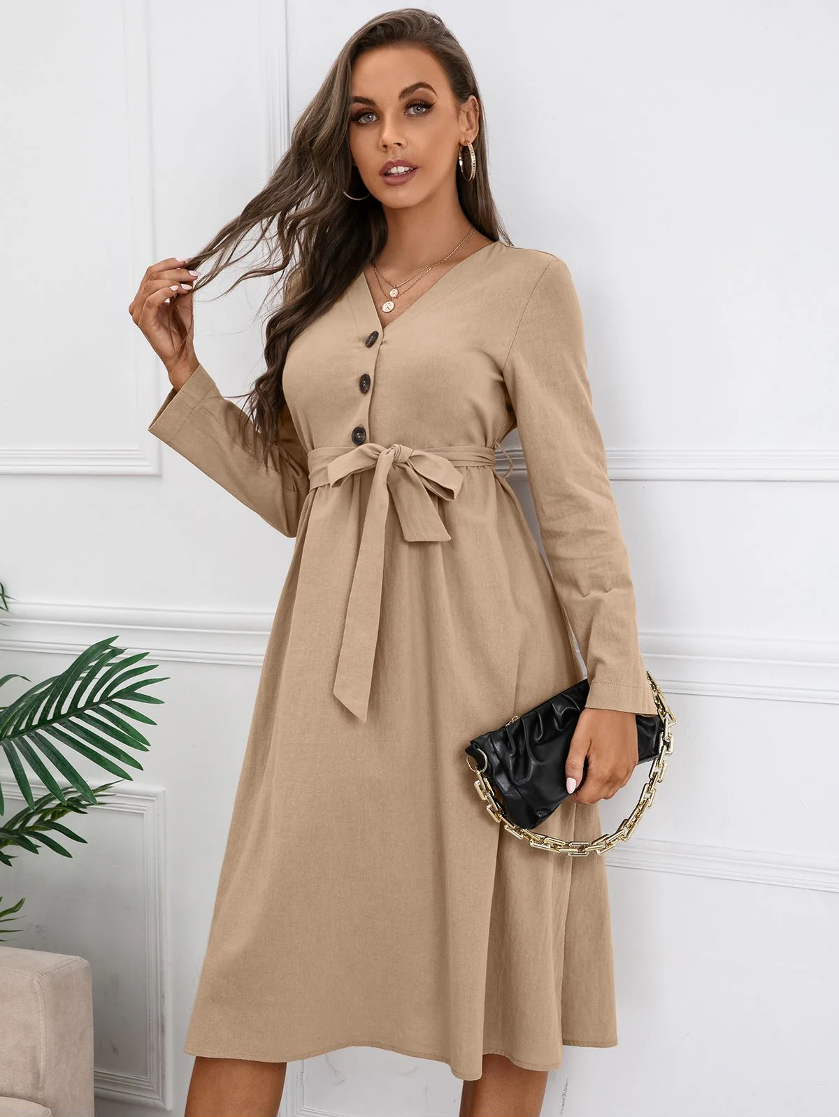 Solid Color Belted Dress - Image 12