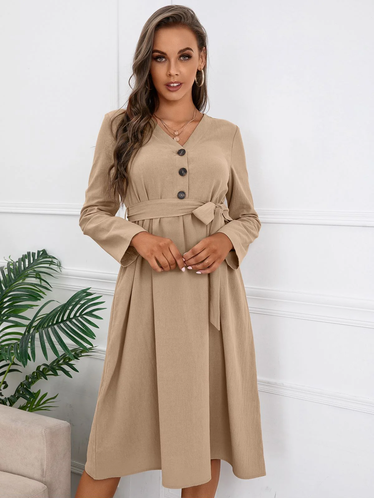 Solid Color Belted Dress - Image 13