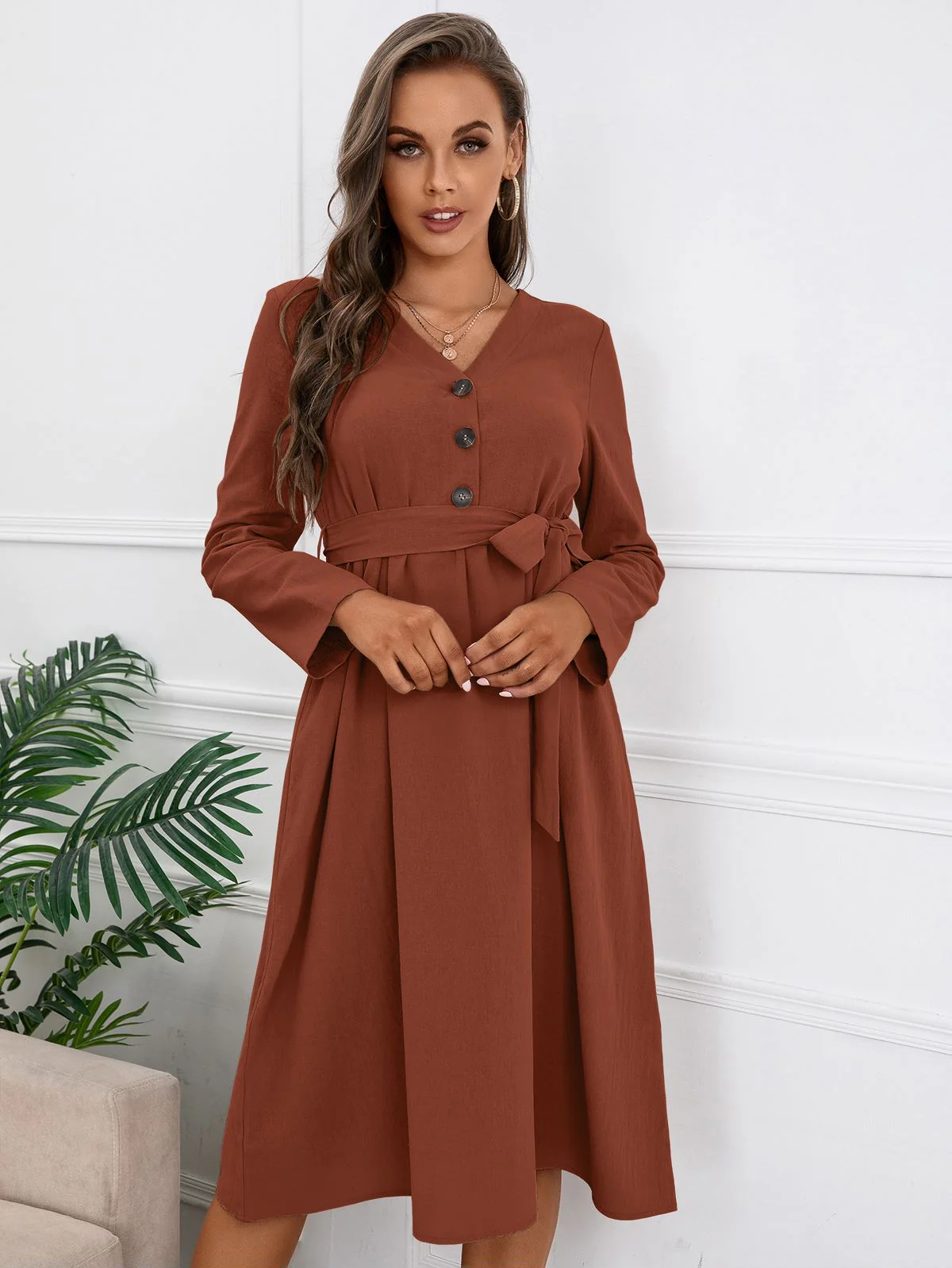 Solid Color Belted Dress - Image 17