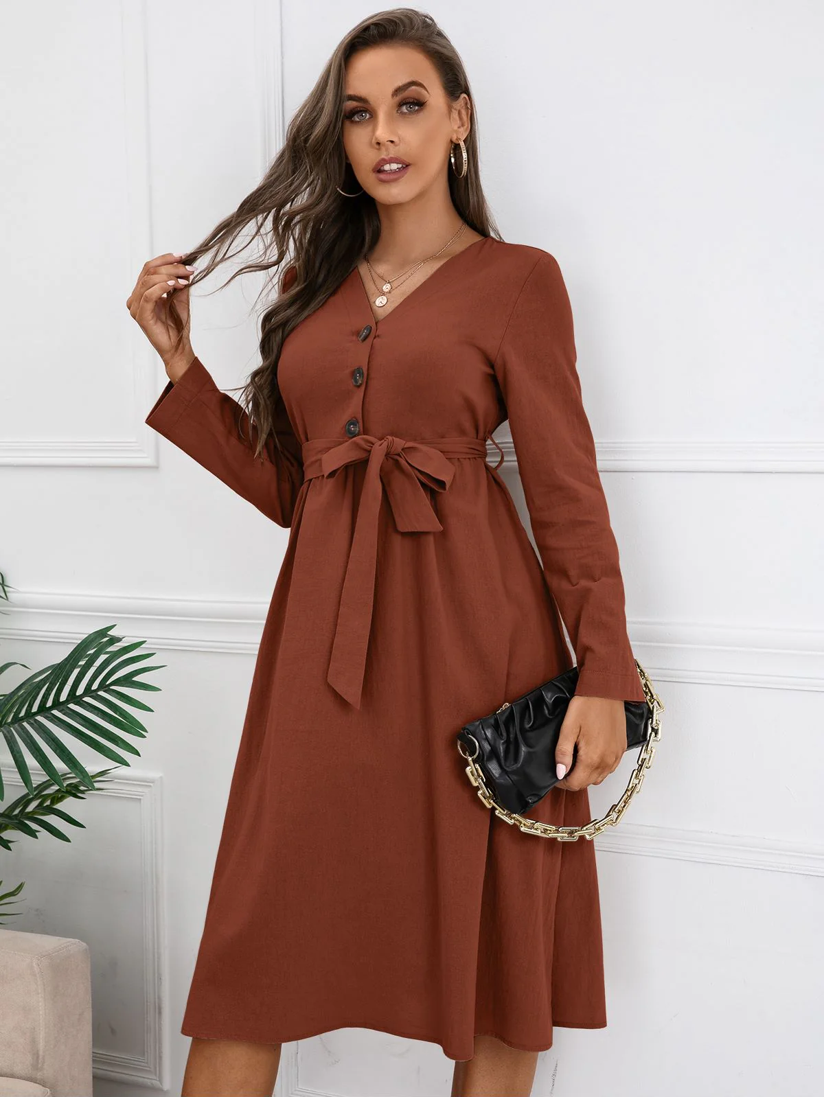 Solid Color Belted Dress - Image 19