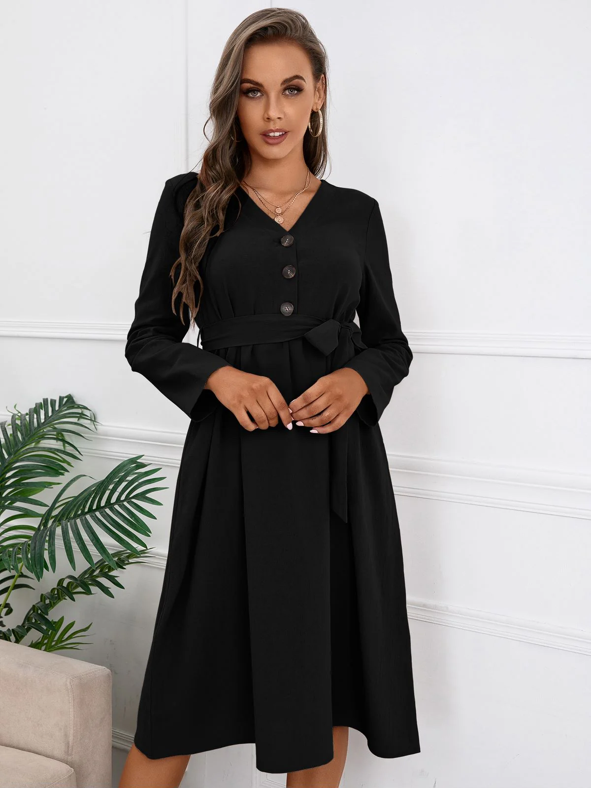 Solid Color Belted Dress - Image 2