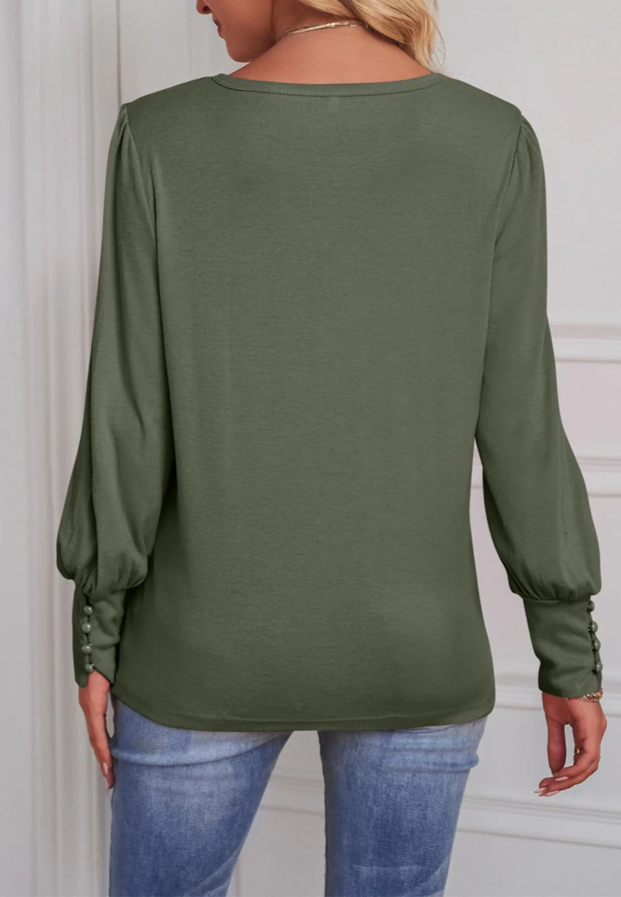 Solid Color Button Cuff Blouse - Image 14