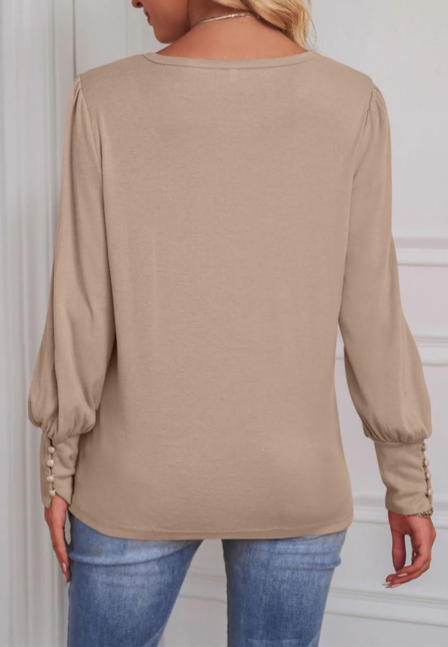 Solid Color Button Cuff Blouse - Image 20
