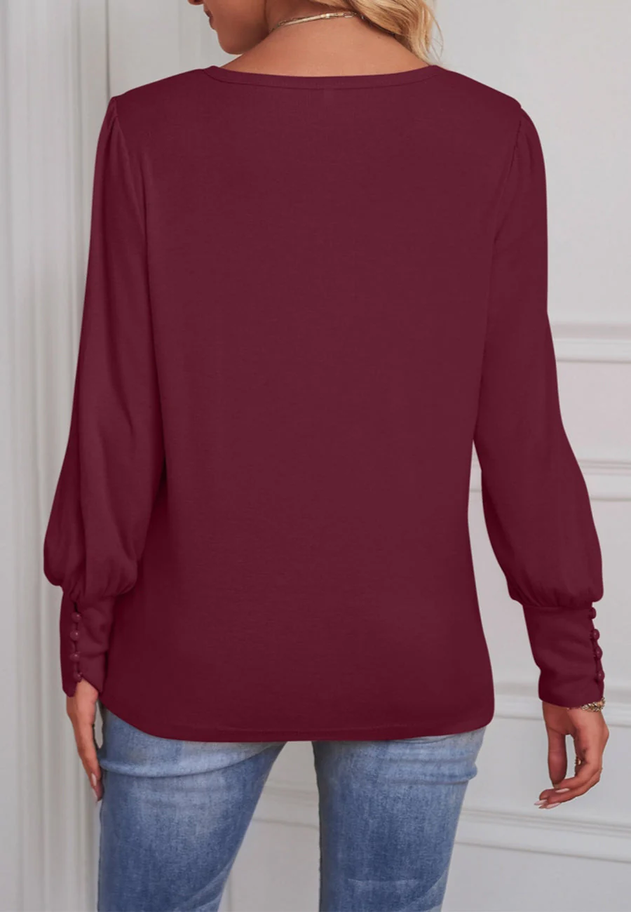 Solid Color Button Cuff Blouse - Image 8