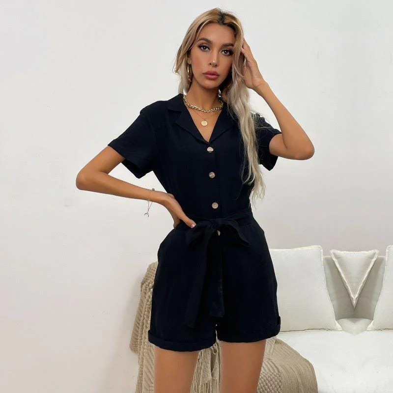 Solid Color Button Front Romper - Image 3