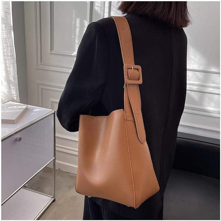 Solid Color Leather Shopper Bag - Image 2