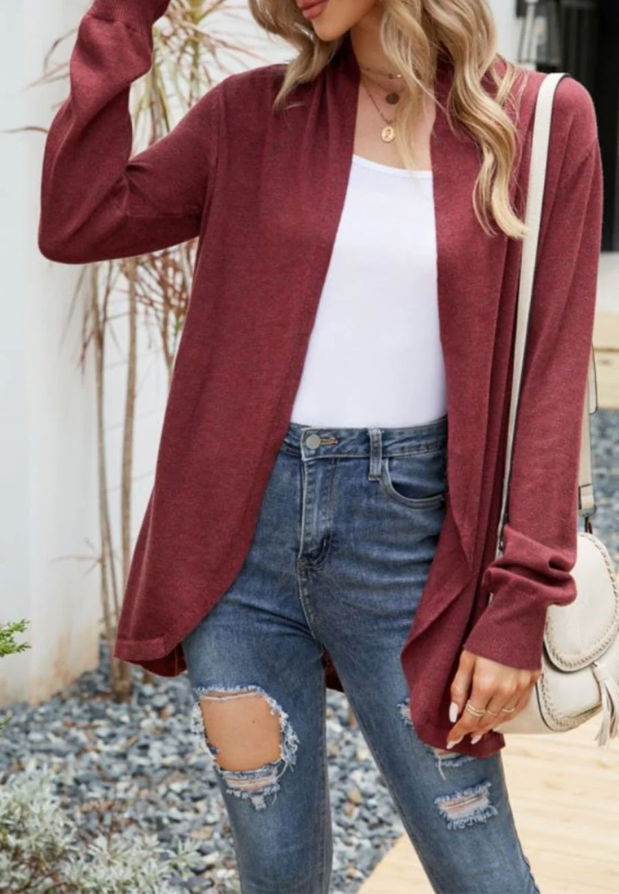 Solid Color Rounded Hem Cardigan - Image 5