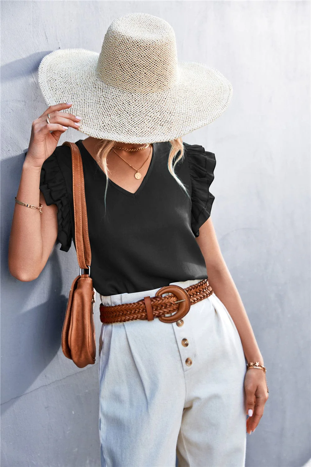 Solid Color Ruffle Sleeve Blouse - Image 3