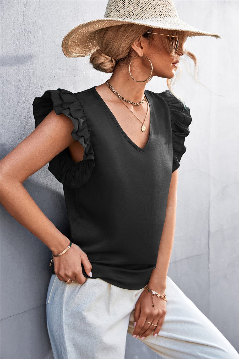 Solid Color Ruffle Sleeve Blouse - Image 4