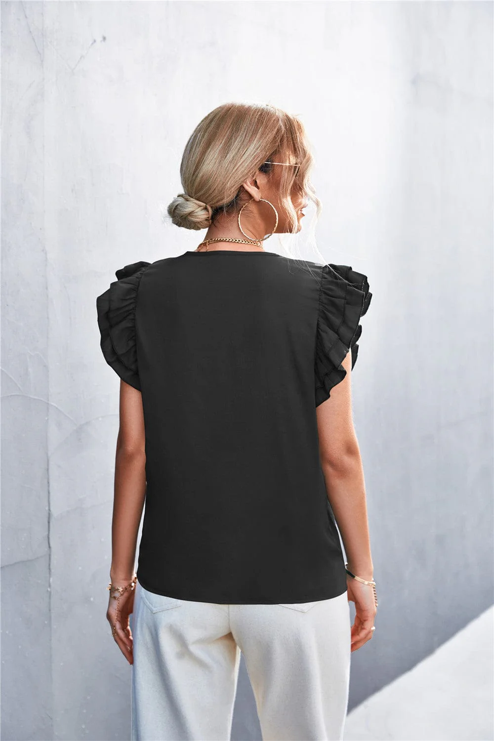 Solid Color Ruffle Sleeve Blouse - Image 5