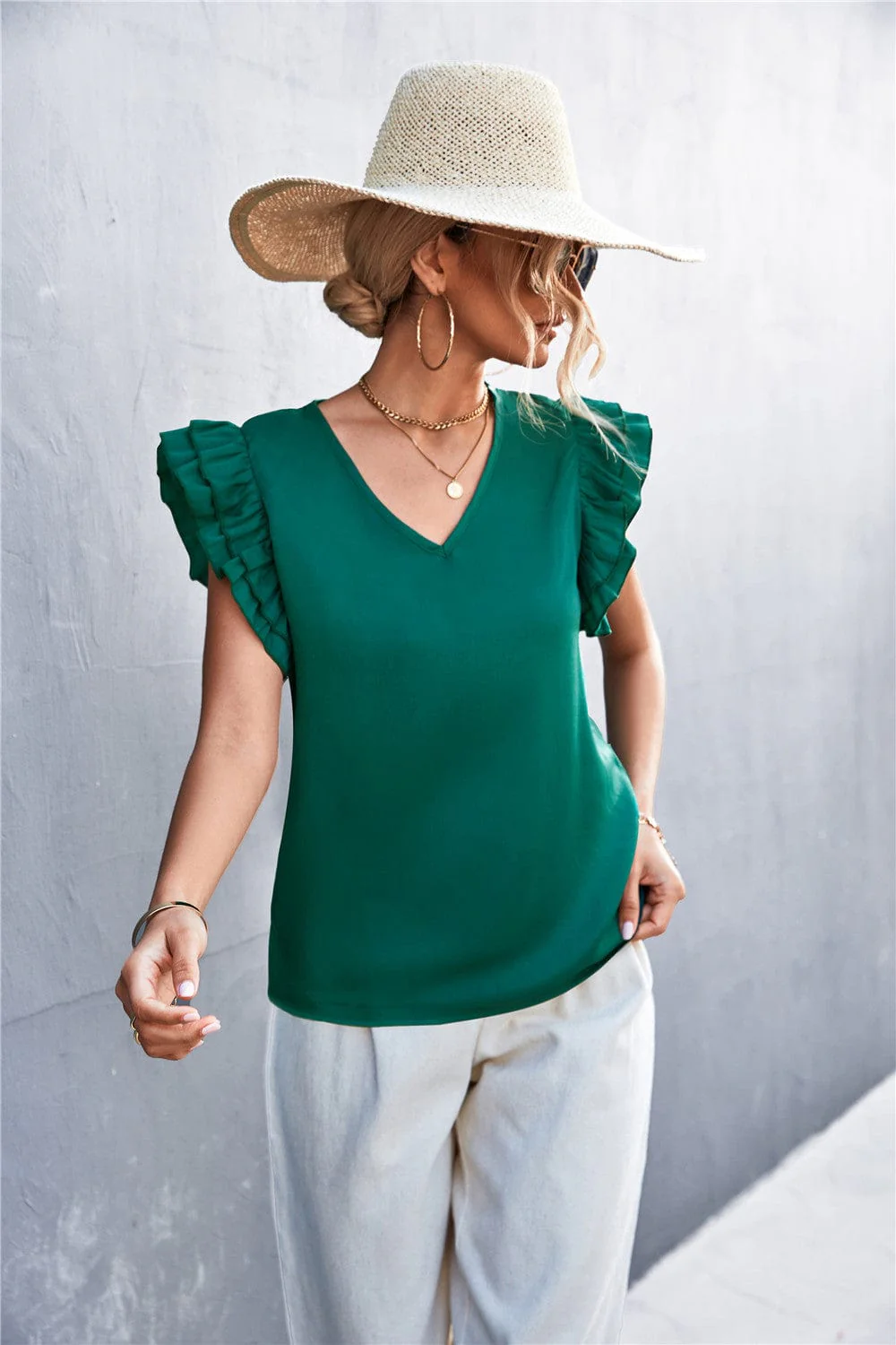 Solid Color Ruffle Sleeve Blouse - Image 8