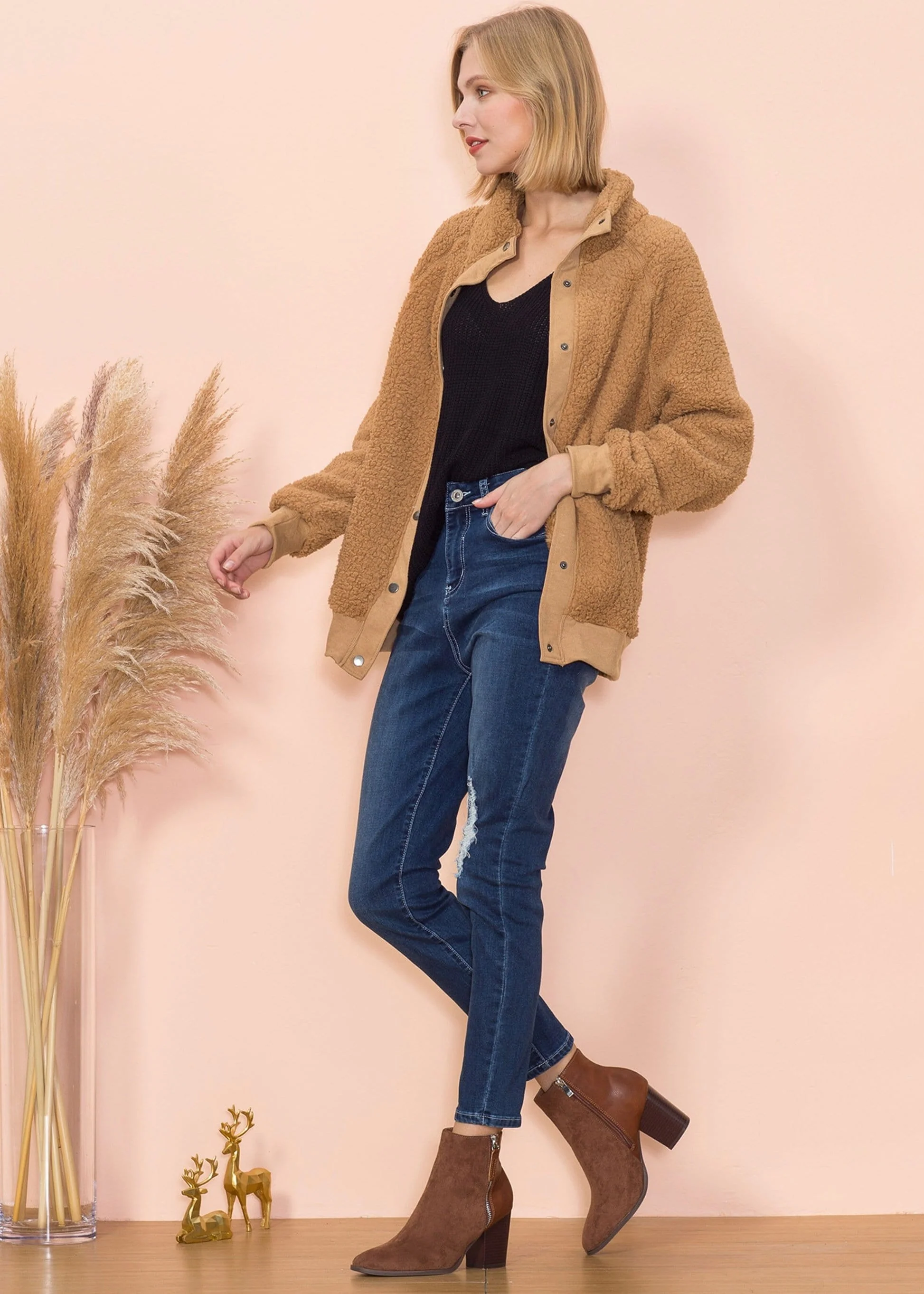 Solid Color Shearling Teddy Jacket - Image 13