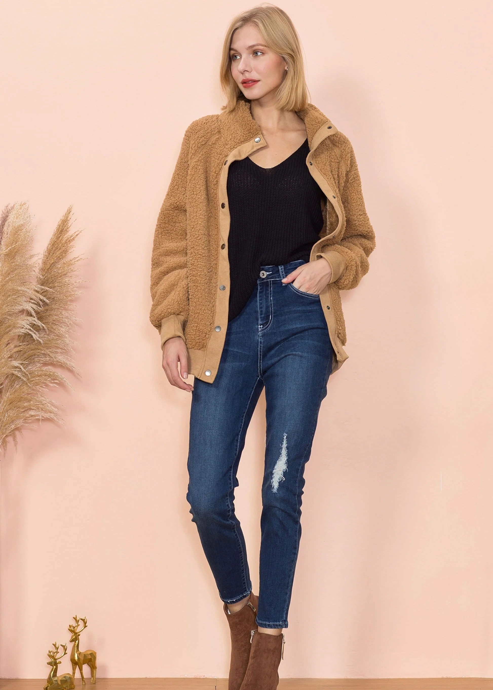 Solid Color Shearling Teddy Jacket - Image 2