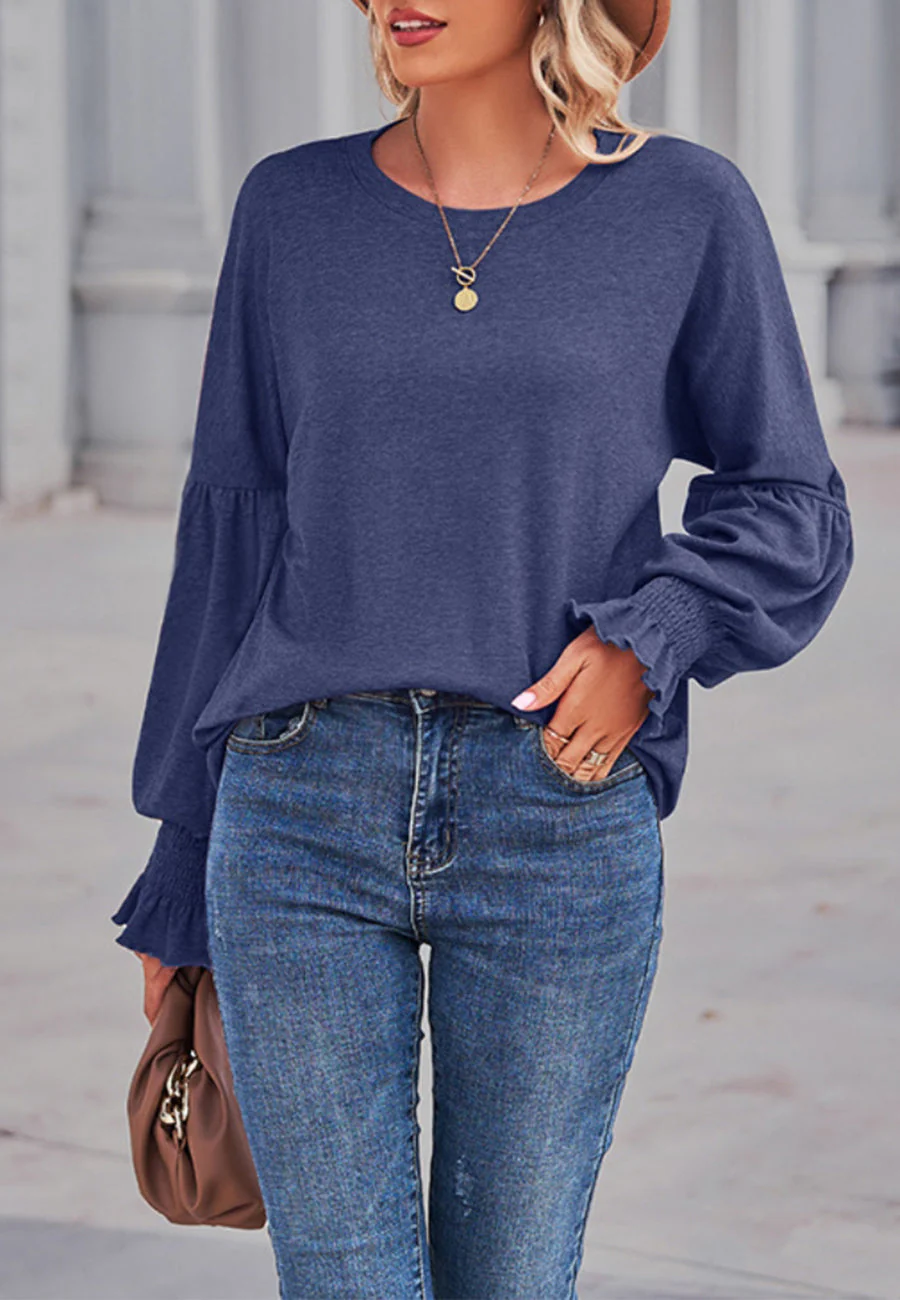 Solid Color Shirred Cuff Sweater - Image 12