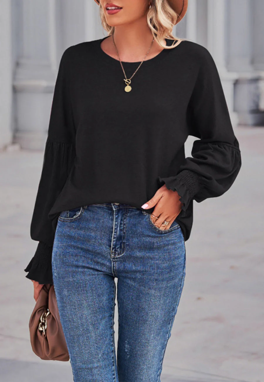 Solid Color Shirred Cuff Sweater - Image 2