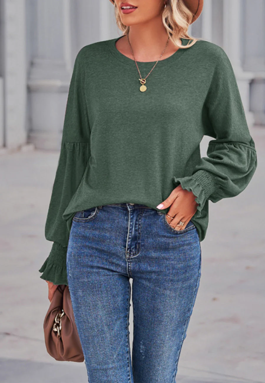 Solid Color Shirred Cuff Sweater - Image 4
