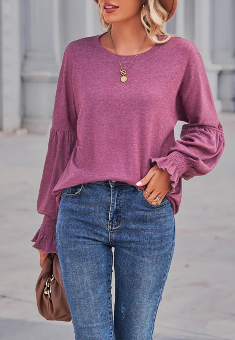 Solid Color Shirred Cuff Sweater - Image 9