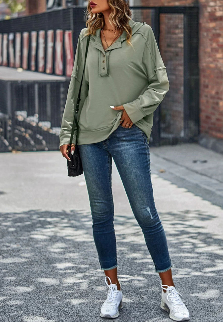 Solid Color Snap Button Henley Sweater - Image 14