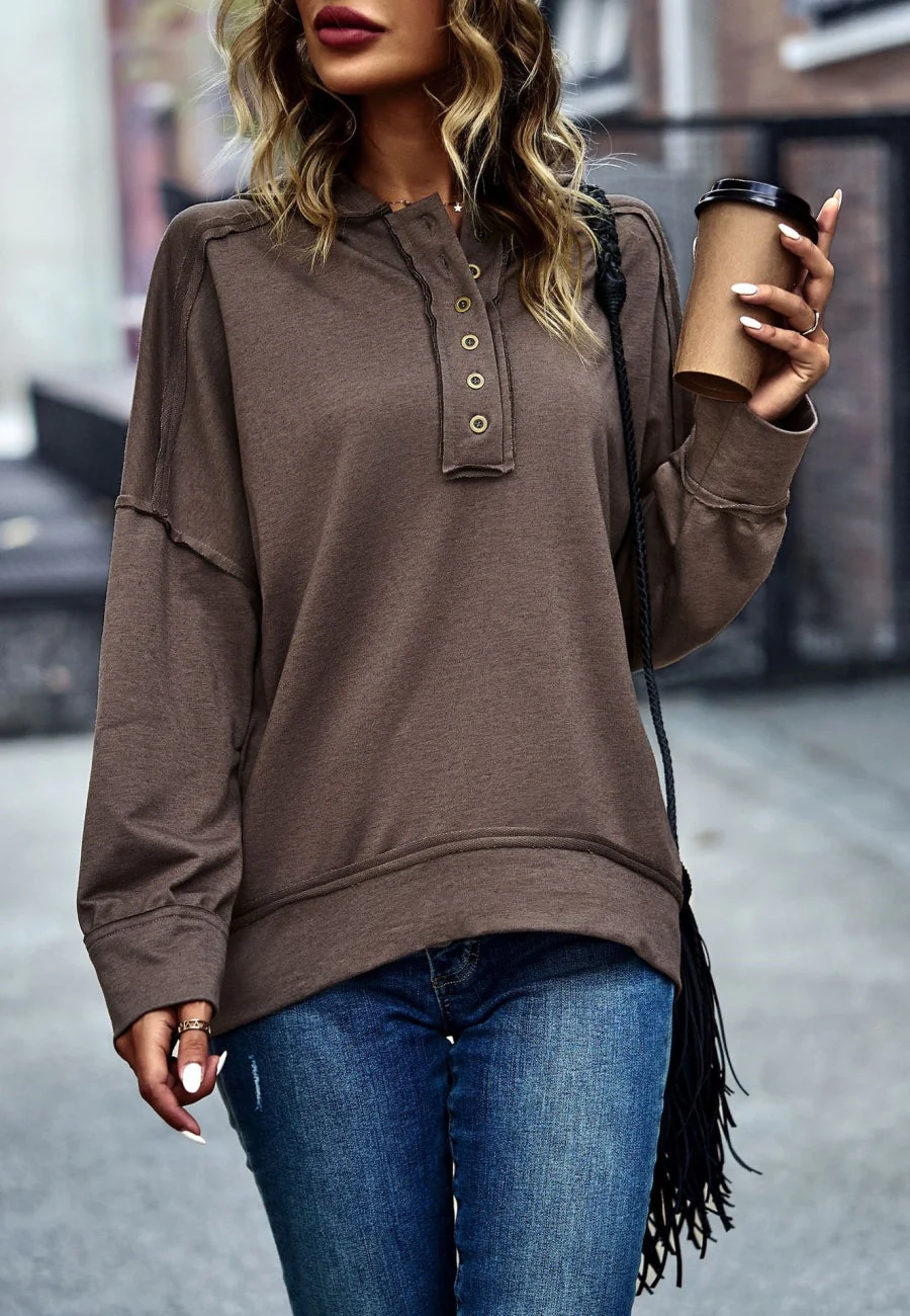 Solid Color Snap Button Henley Sweater - Image 18