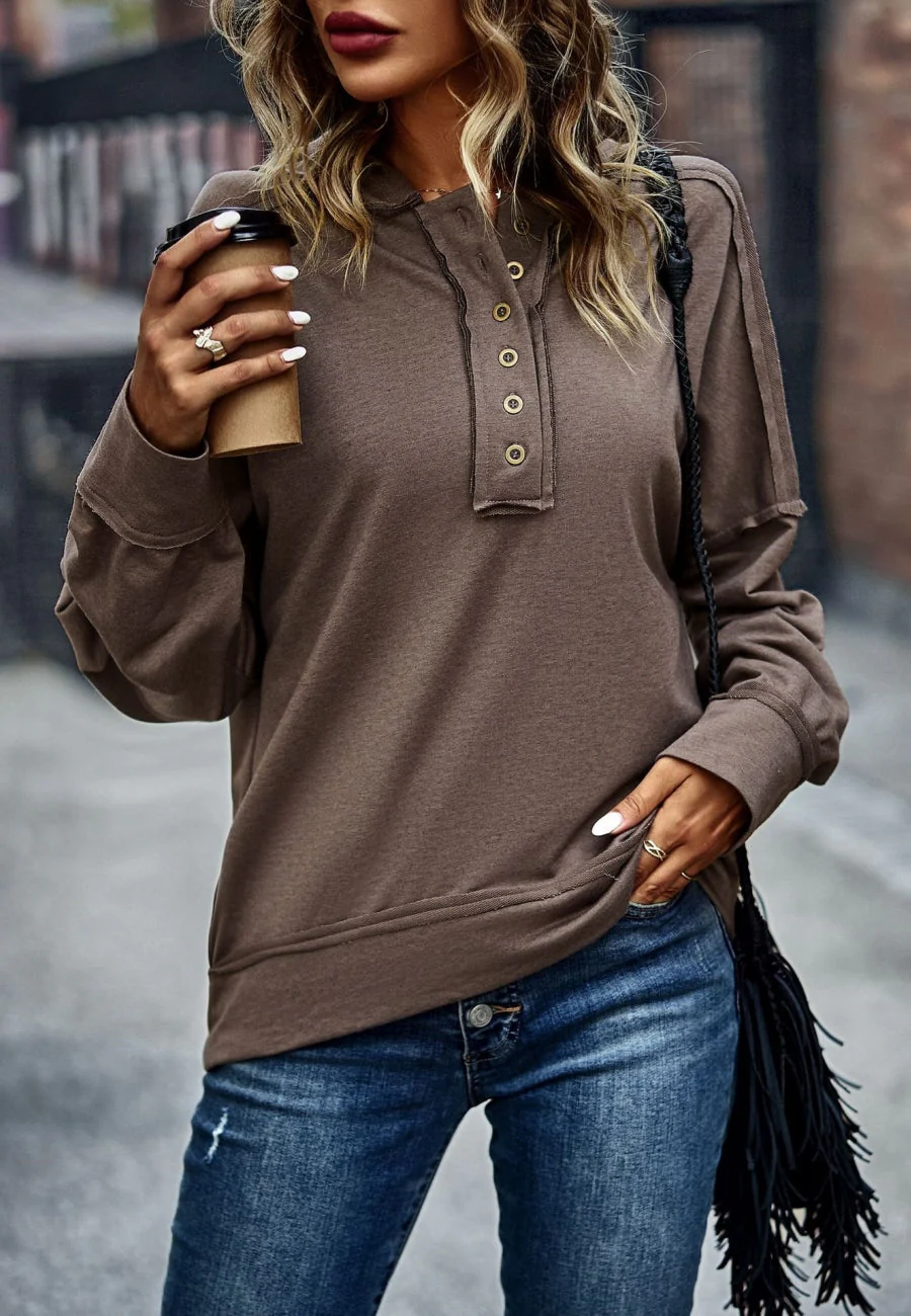 Solid Color Snap Button Henley Sweater - Image 19