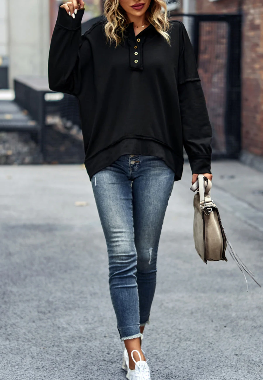 Solid Color Snap Button Henley Sweater - Image 2