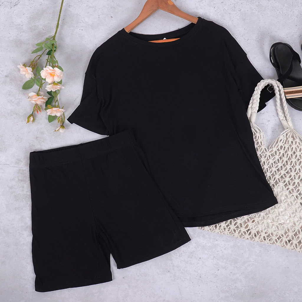 Solid Color Tee and Biker Shorts Set - Image 5