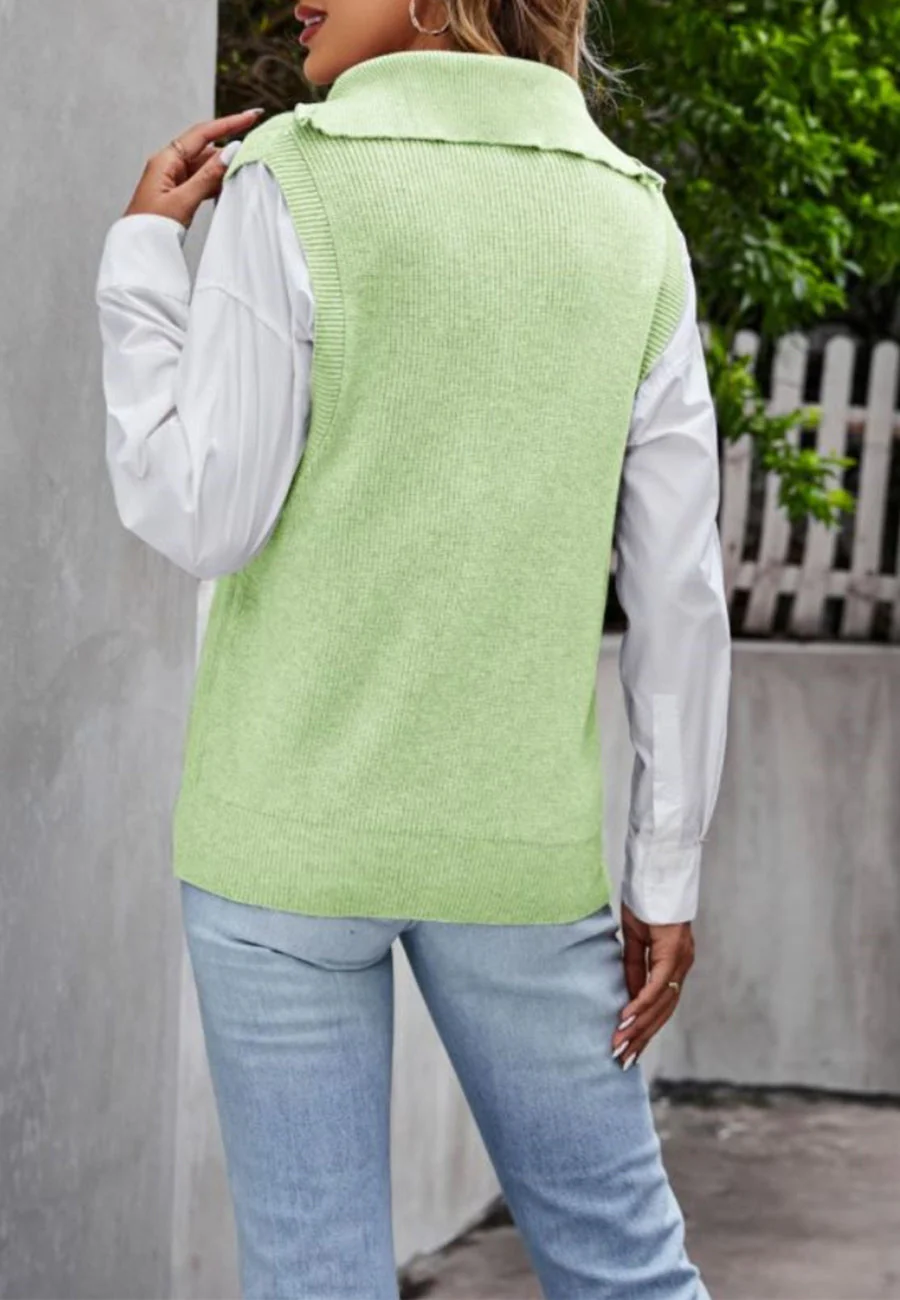 Solid Color Zip-Up Sweatervest - Image 3