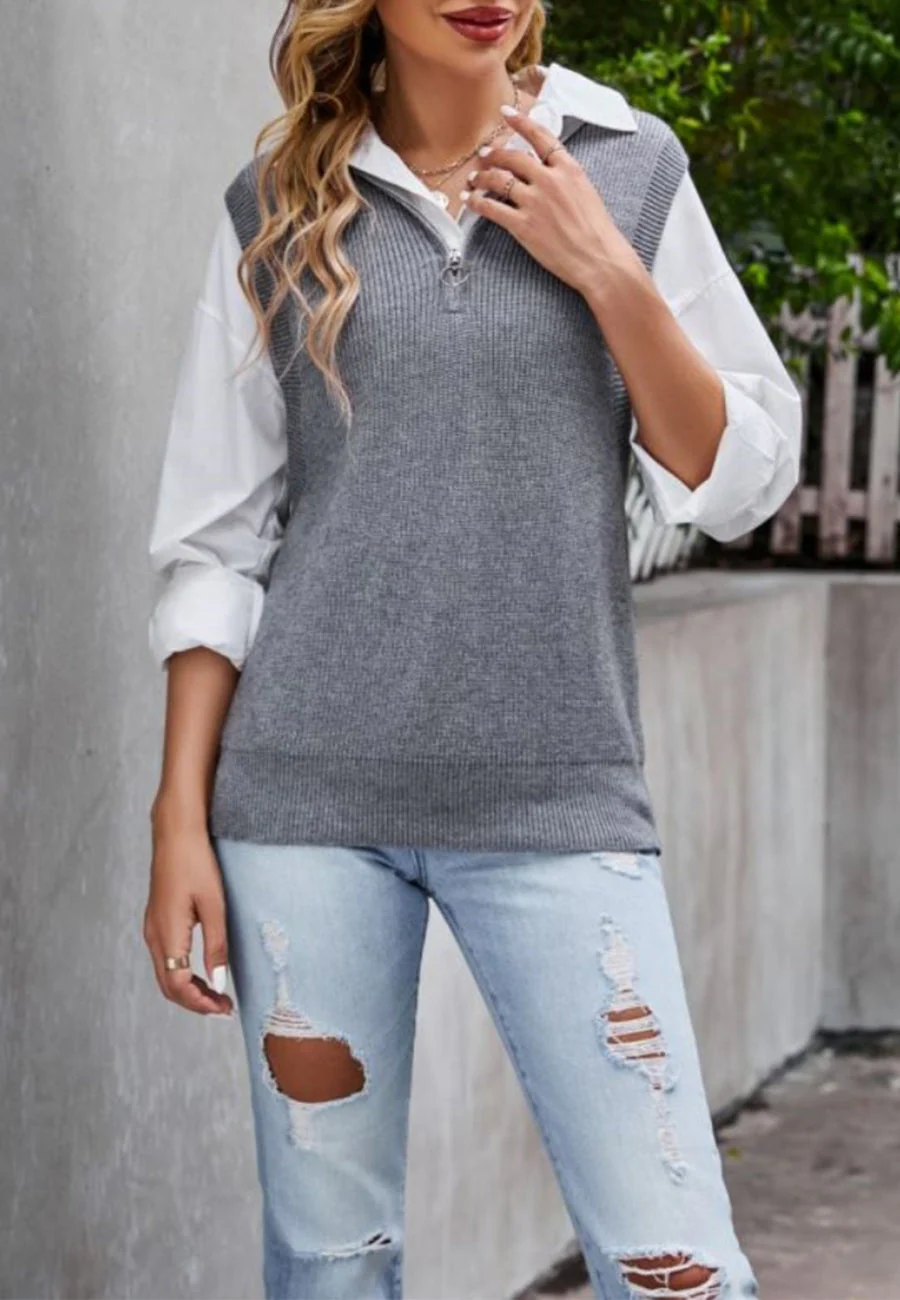 Solid Color Zip-Up Sweatervest - Image 5