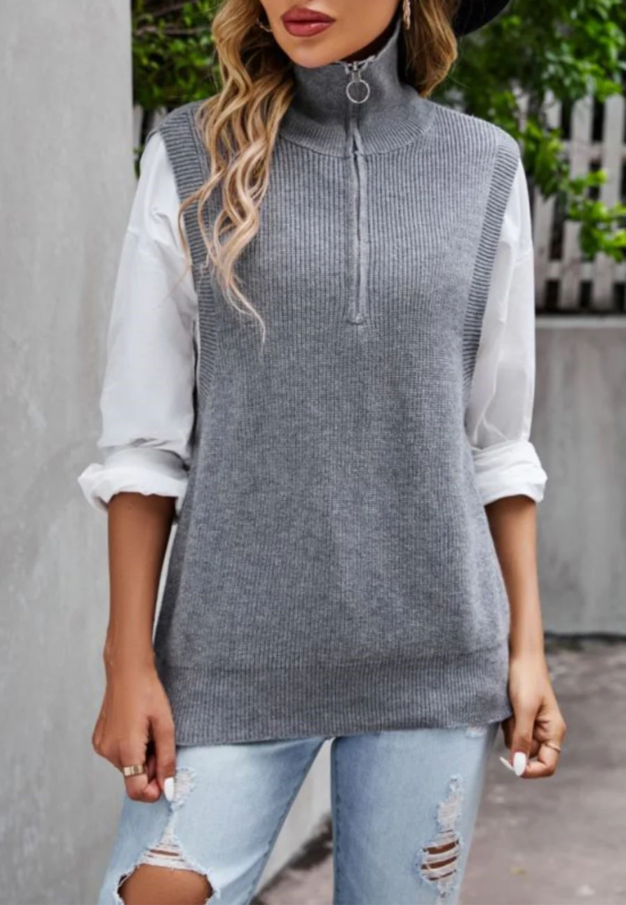 Solid Color Zip-Up Sweatervest - Image 7