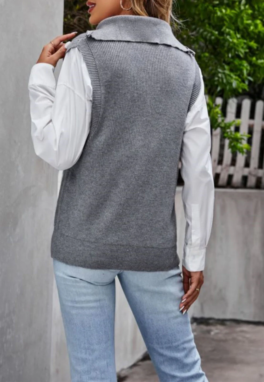 Solid Color Zip-Up Sweatervest - Image 8