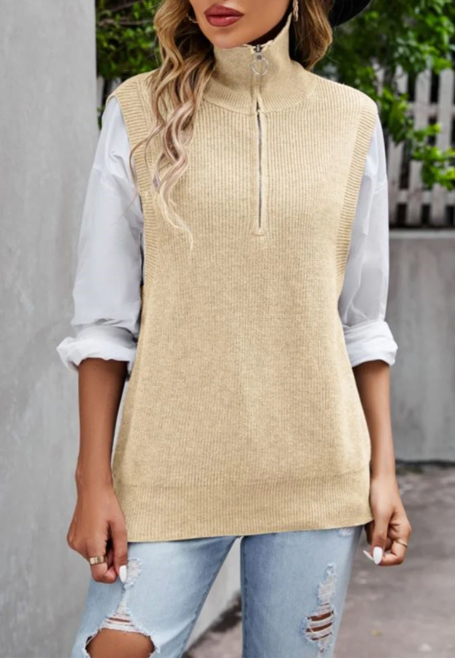 Solid Color Zip-Up Sweatervest - Image 9